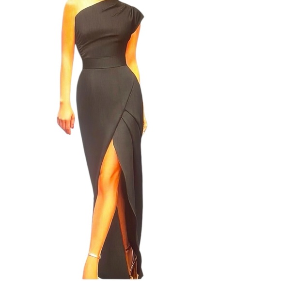 Elegant Formal Solid Slit Asymmetrical Oblique Collar Evening Dress Sz XL/12 Blk - Picture 1 of 6